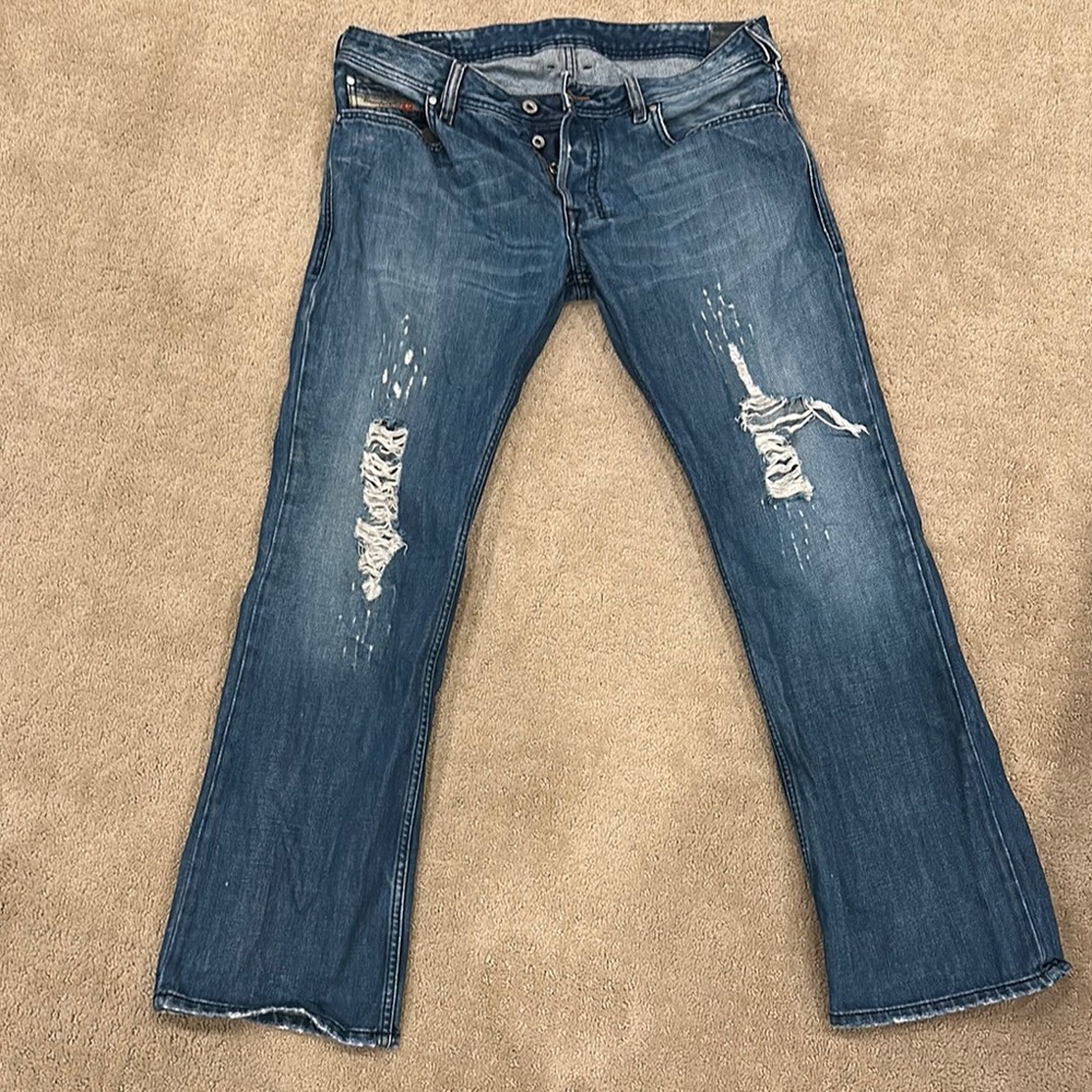 Diesel Zatiny Blue Bootcut Jeans with Distressed Details